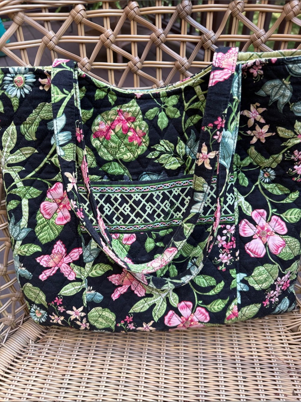 Vera Bradley Quilted Floral Tote Bag in Black Pink -Green